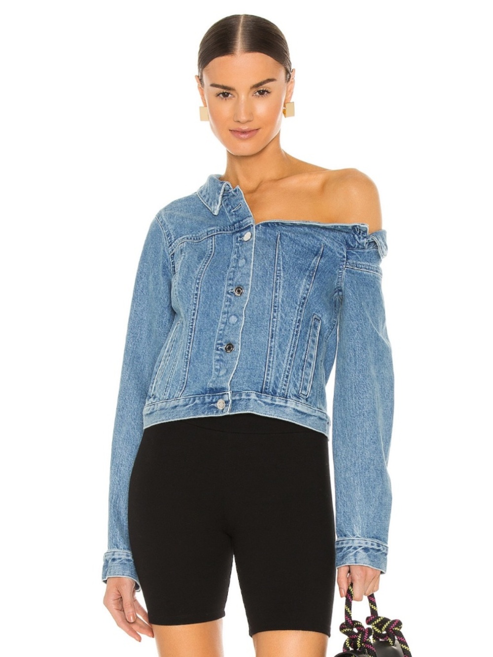 (135) NEW Revolve RtA Rebecca One Shoulder Denim Jacket Natural Blue XS
